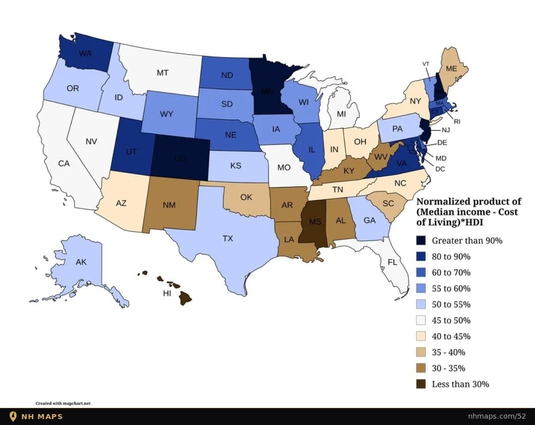 Median Income Minus Cost of Living, Weighted by HDI