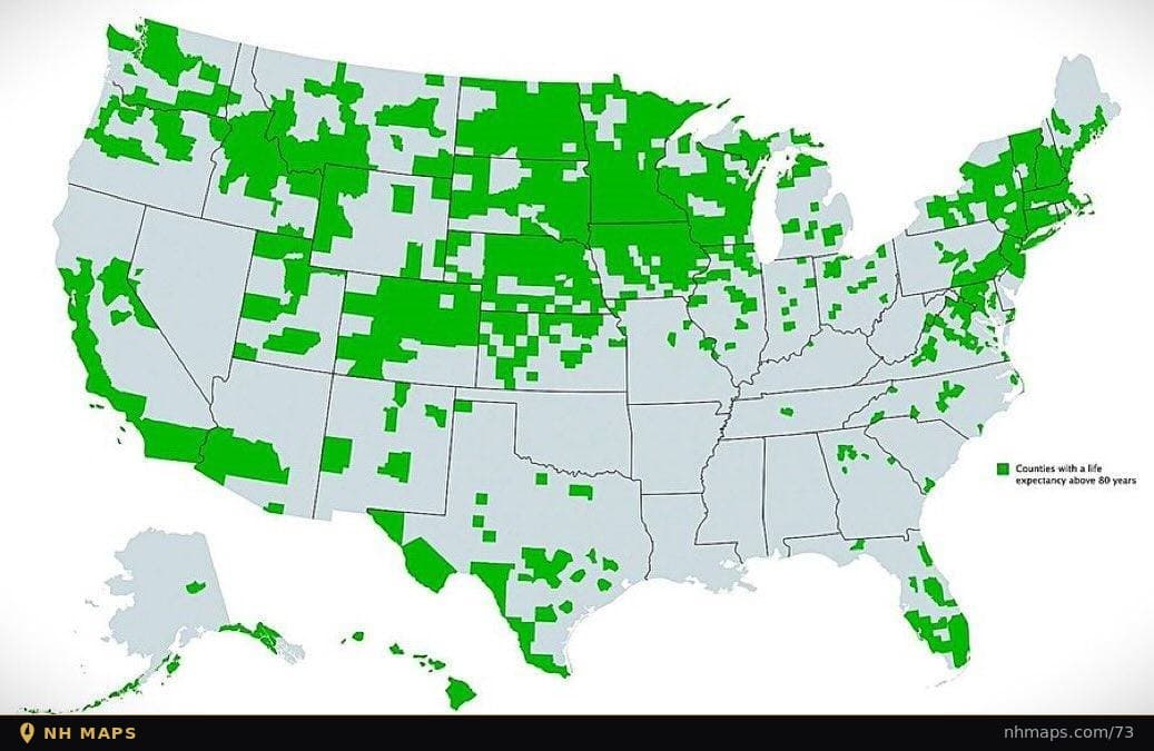 Counties Where People Live Past 80