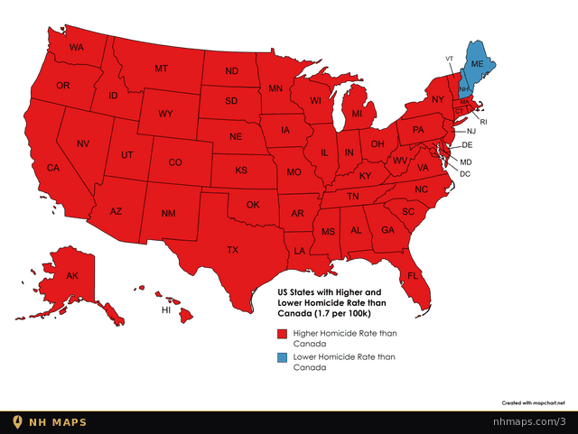 US States With a Lower Homicide Rate Than Canada