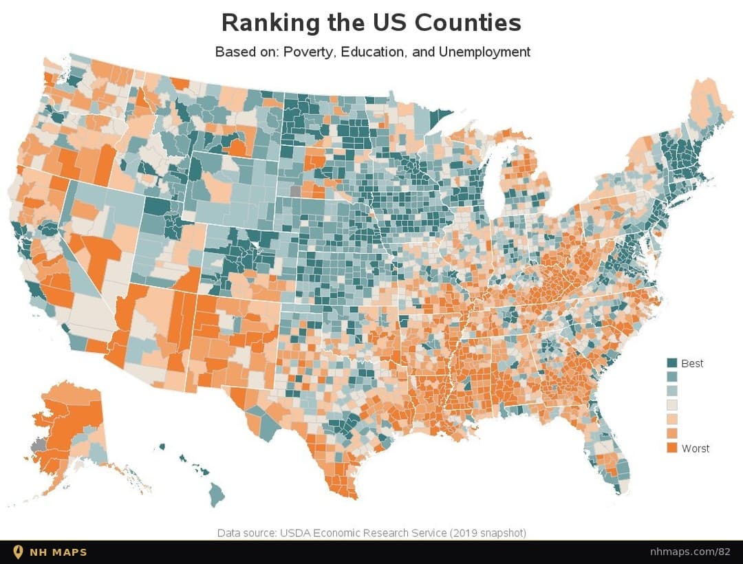 Ranking US Counties by Poverty, Education, and Unemployment (2019)