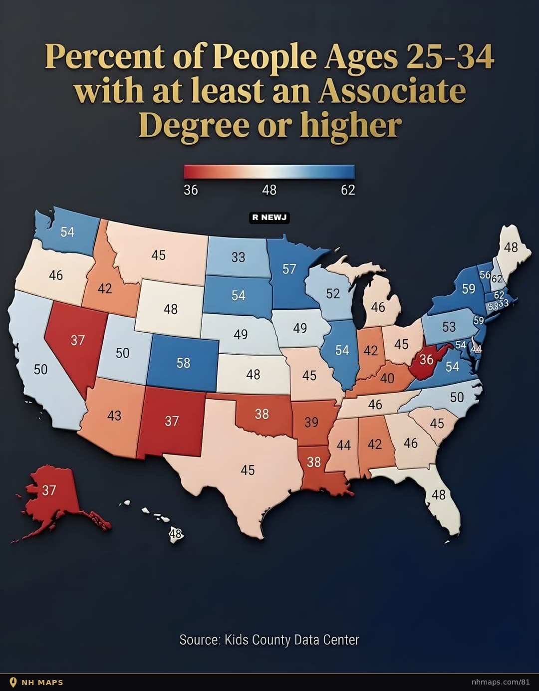 Percent of Ages 25–34 With an Associate Degree or Higher